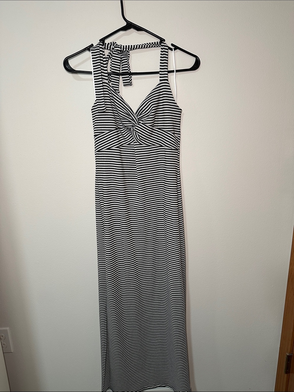 T.J.Maxx Black and White Striped Halter Twist-Front Maxi Dress